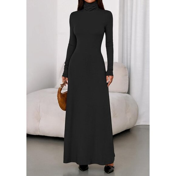 Women's Knit Maxi Dress Long Sleeve Turtleneck Stretchy Fall Wedding Party - Picture 9 of 9